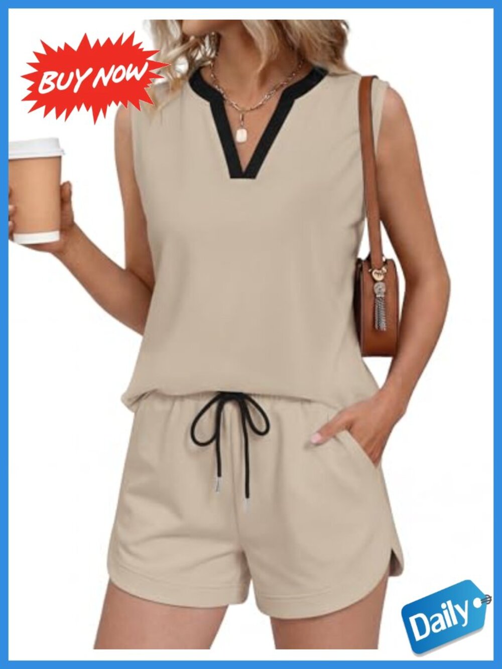 Women's 2 Piece Tank Top and Short Set Rayon Blend V Neck Lounge Travel